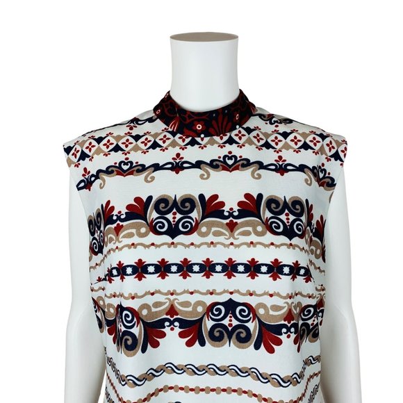 Vintage 1960s Striped Filigree Dress Maroon Navy Shift | B 41" - Picture 4 of 10